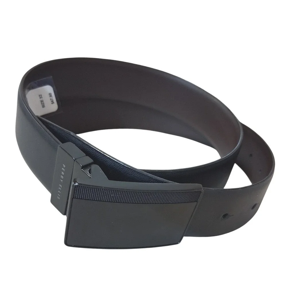 Perry Ellis Men's size 32 Reversible Leather Belt Black Pattern Plaque Career‎